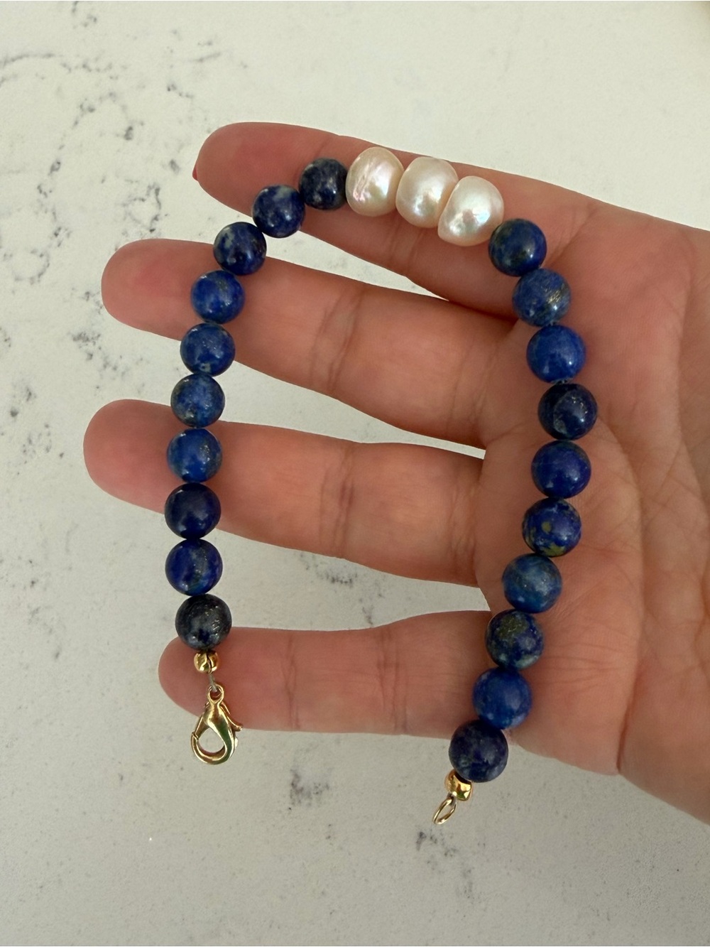 Handmade Lapis & Pearl Beaded Bracelet 8.5”